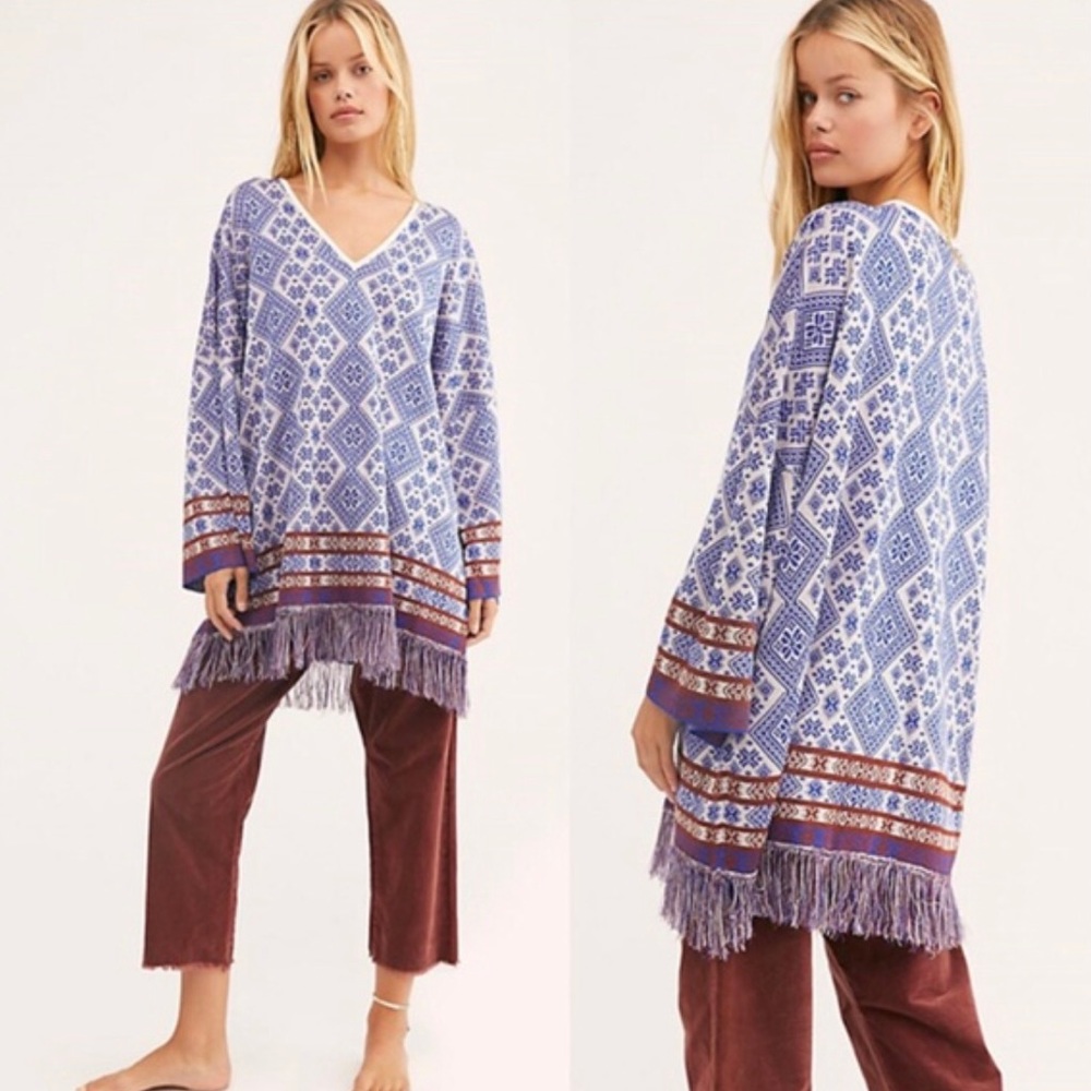 Free People Its A Cinch Wide Sleeve Fringe Sweater Poncho Size S Ethereal Boho